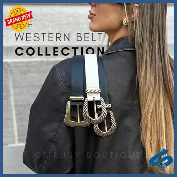 Chunky Gold Western Belt Buckle Set 2-Pack Women\'s Fashion Accessory
